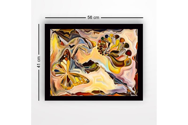 Kehystetty puukangas - 41x56 cm - Värikäs perhonen abstraktissa sommitelmassa simpukanmuotoisilla elementeillä - Kulta / Oranssi / Ruskea - Sisustustuotteet - Taulu & taide