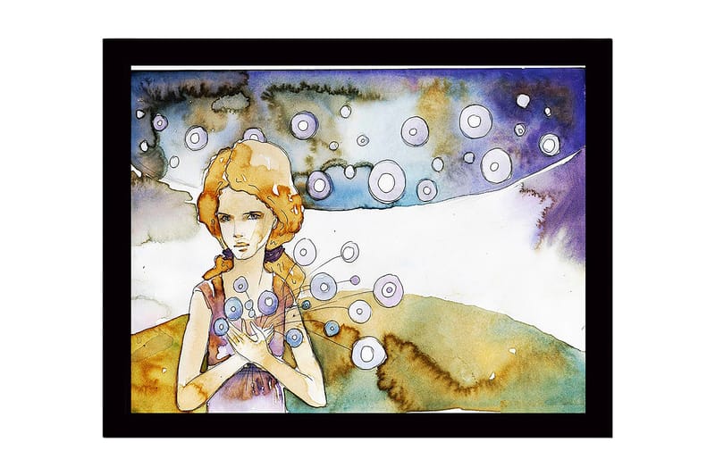 Kehystetty puutaulu canvasille - 41x56 cm - Nuori nainen kukkia käsissään ja ympärillään leijuvia ympyröitä, Vaaleansininen / Beige / Violetti