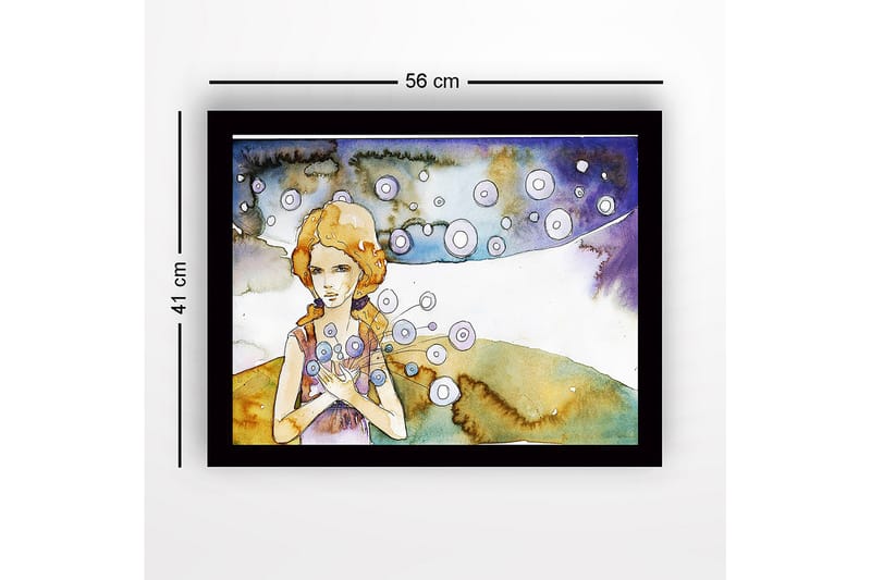 Kehystetty puutaulu canvasille - 41x56 cm - Nuori nainen kukkia käsissään ja ympärillään leijuvia ympyröitä - Vaaleansininen / Beige / Violetti - Sisustustuotteet - Taulu & taide