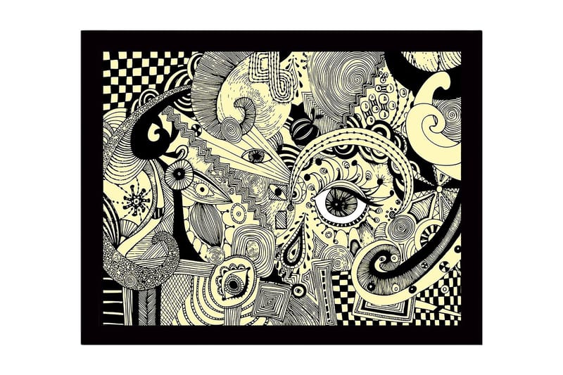 Kehystetty puukangas - 41x56 cm - Abstrakti sommitelma silmillä ja kaarevilla muodoilla, Musta / Beige