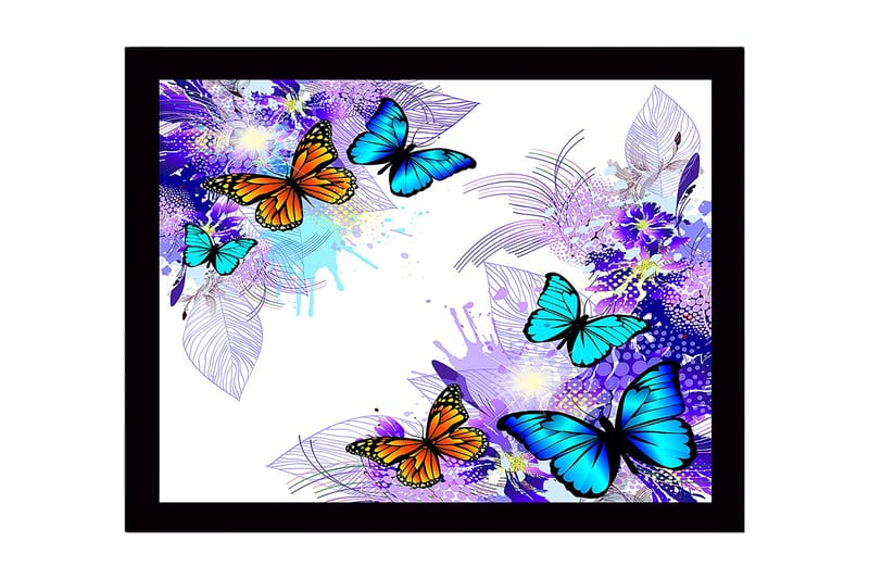 Kehystetty puucanvas - 41x56 cm - Värikkäitä perhosia eloisassa sommitelmassa, Sininen / Oranssi / Violetti