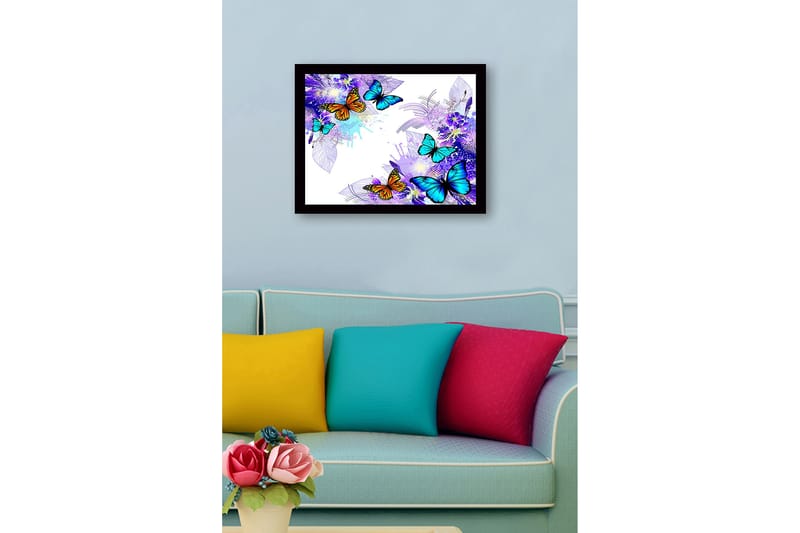 Kehystetty puucanvas - 41x56 cm - Värikkäitä perhosia eloisassa sommitelmassa - Sininen / Oranssi / Violetti - Sisustustuotteet - Taulu & taide