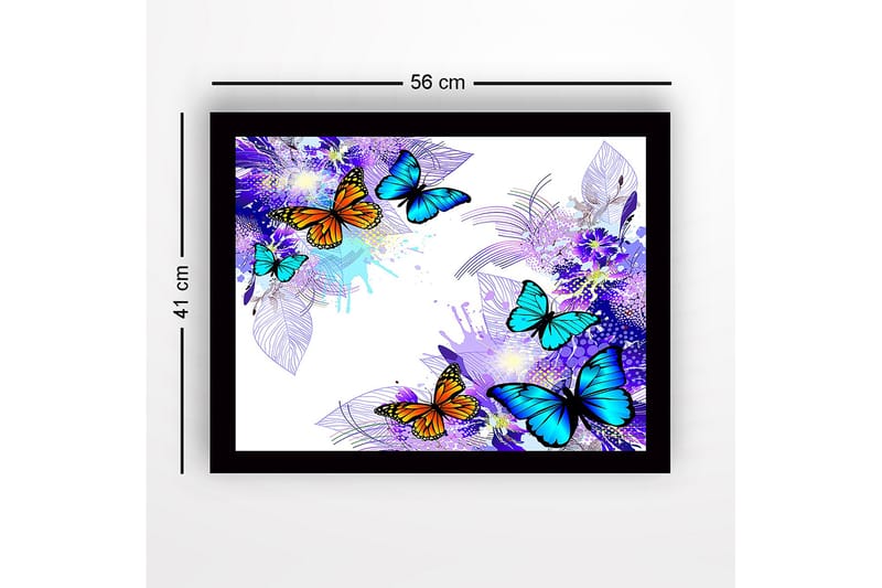 Kehystetty puucanvas - 41x56 cm - Värikkäitä perhosia eloisassa sommitelmassa - Sininen / Oranssi / Violetti - Sisustustuotteet - Taulu & taide
