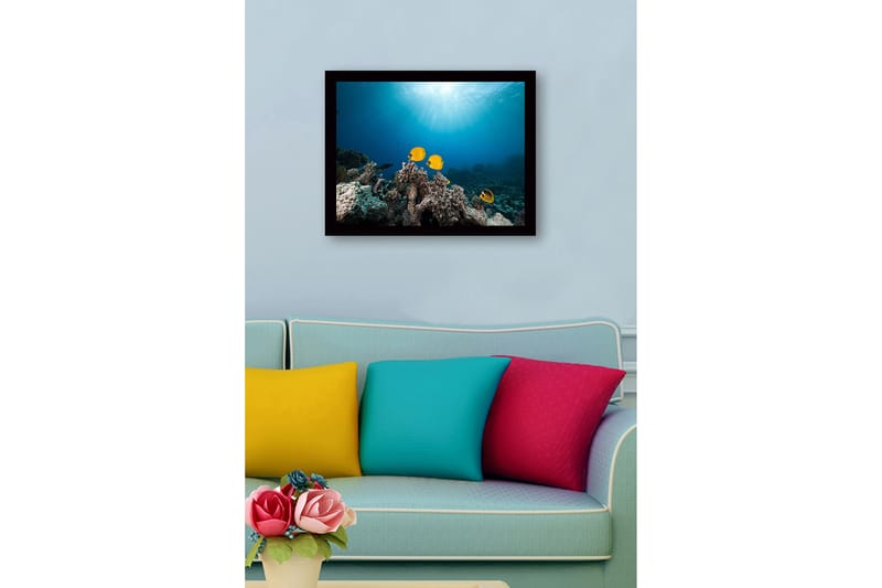 Kehystetty puutaulu canvasille - 41x56 cm - Värikkäitä kaloja koralliriuttojen keskellä - Keltainen / Sininen / Harmaa - Sisustustuotteet - Taulu & taide