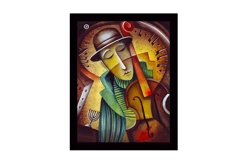 Kehystetty puutaulu canvasille - 41x56 cm - Muusikko soittaa viulua unelmoivalla ilmeellä, Kulta / Vihreä / Ruskea