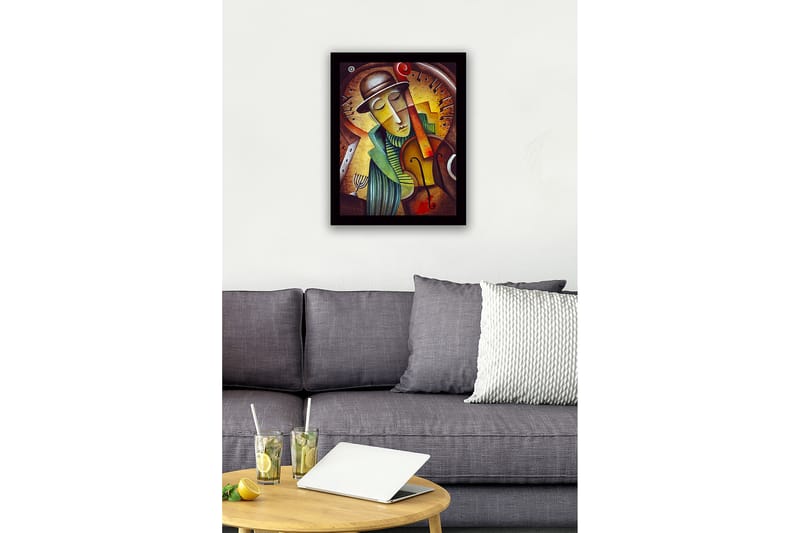 Kehystetty puutaulu canvasille - 41x56 cm - Muusikko soittaa viulua unelmoivalla ilmeellä - Kulta / Vihreä / Ruskea - Sisustustuotteet - Taulu & taide