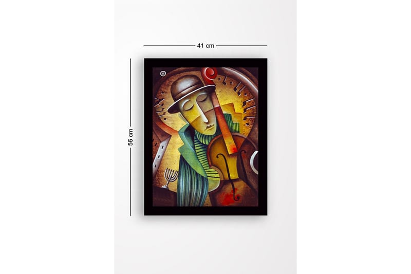 Kehystetty puutaulu canvasille - 41x56 cm - Muusikko soittaa viulua unelmoivalla ilmeellä - Kulta / Vihreä / Ruskea - Sisustustuotteet - Taulu & taide