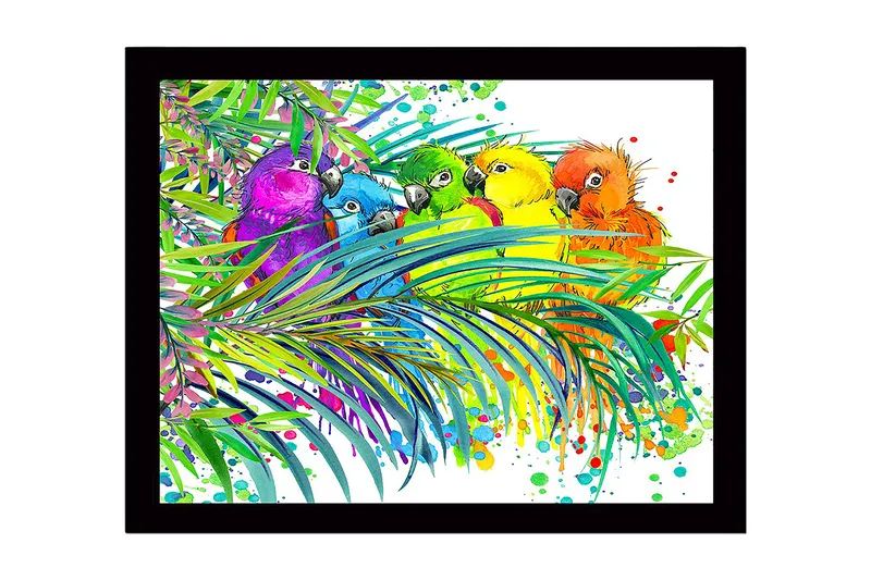 Kehystetty puinen canvas-taulu - 41x56 cm - Värikkäitä papukaijoja trooppisten kasvien ympäröimänä, Vihreä / Sininen / Keltainen