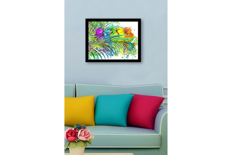 Kehystetty puinen canvas-taulu - 41x56 cm - Värikkäitä papukaijoja trooppisten kasvien ympäröimänä - Vihreä / Sininen / Keltainen - Sisustustuotteet - Taulu & taide