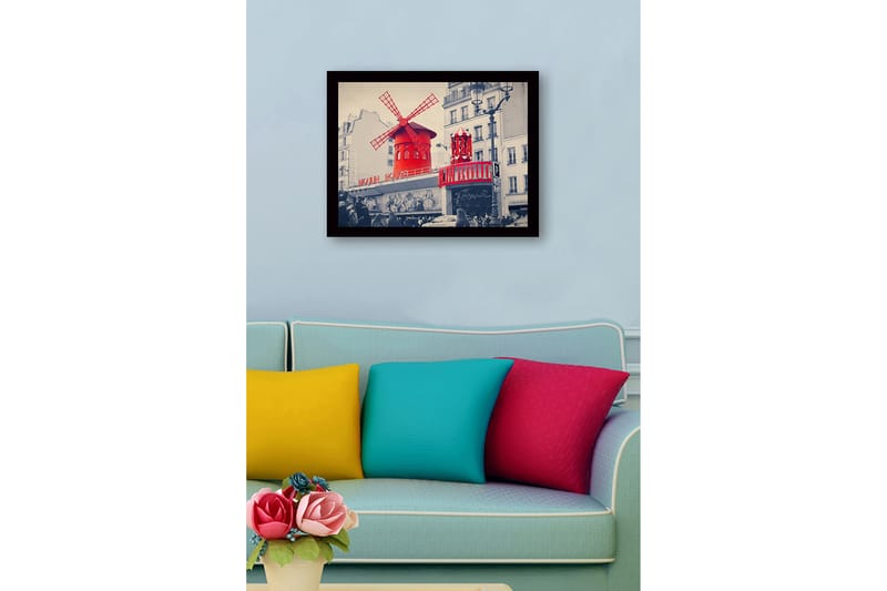 Kehystetty puutaulu canvasille - 41x56 cm - Punainen tuulimylly neonvaloilla Moulin Rouge -teatterissa - Punainen / Musta / Harmaa - Sisustustuotteet - Taulu & taide
