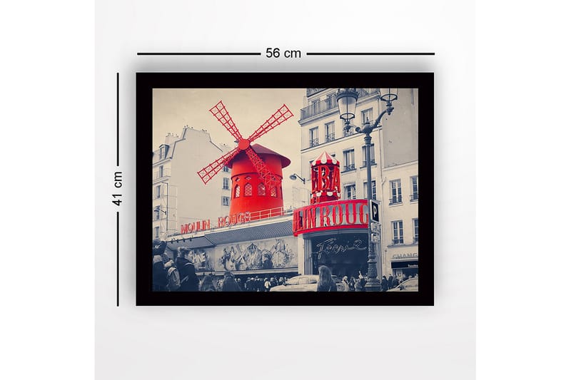 Kehystetty puutaulu canvasille - 41x56 cm - Punainen tuulimylly neonvaloilla Moulin Rouge -teatterissa - Punainen / Musta / Harmaa - Sisustustuotteet - Taulu & taide