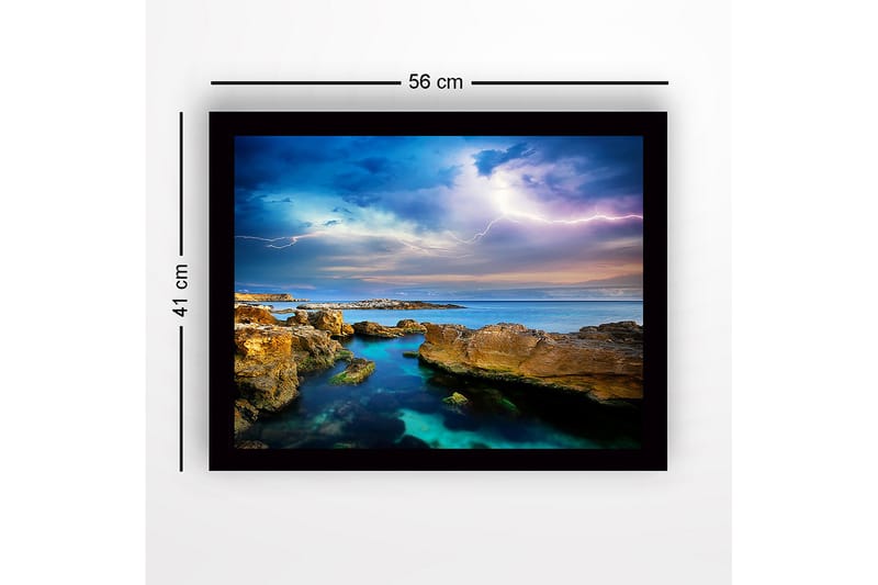 Kehystetty puutaulu canvasille - 41x56 cm - Dramaattinen merimaisema ukkospilvien ja kalliomuodostelmien kera - Sininen / Vihreä / Beige - Sisustustuotteet - Taulu & taide