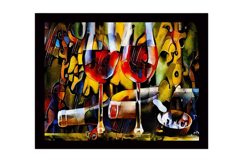 Kehystetty puutaulu canvasille - 41x56 cm - Kaksi viinilasia punaviinillä ja pullo eloisassa sommitelmassa, Punainen / Keltainen / Vihreä