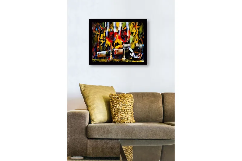 Kehystetty puutaulu canvasille - 41x56 cm - Kaksi viinilasia punaviinillä ja pullo eloisassa sommitelmassa - Punainen / Keltainen / Vihreä - Sisustustuotteet - Taulu & taide