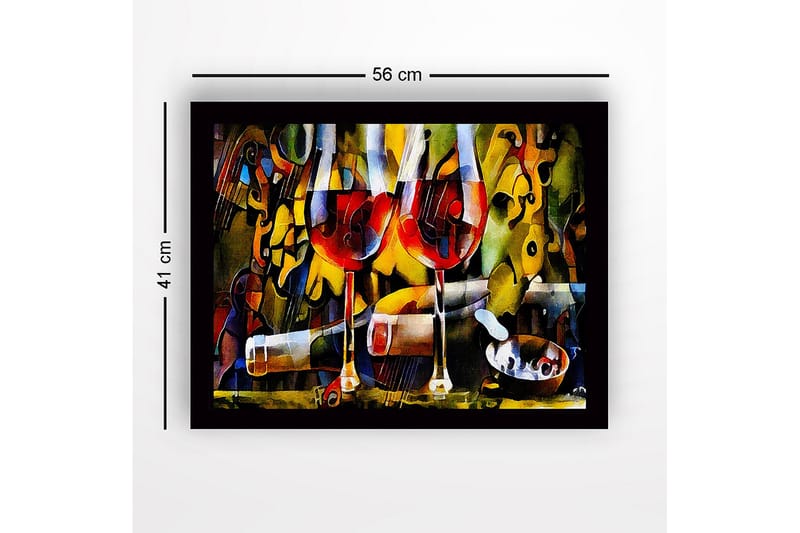Kehystetty puutaulu canvasille - 41x56 cm - Kaksi viinilasia punaviinillä ja pullo eloisassa sommitelmassa - Punainen / Keltainen / Vihreä - Sisustustuotteet - Taulu & taide