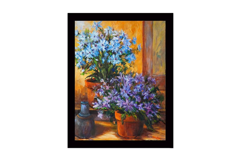 Kehystetty puutaulu canvasille - 41x56 cm - Värikäs kukkakimppu ruukuissa, Sininen / Violetti / Vihreä