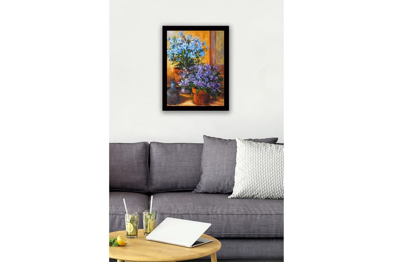 Kehystetty puutaulu canvasille - 41x56 cm - Värikäs kukkakimppu ruukuissa - Sininen / Violetti / Vihreä - Sisustustuotteet - Taulu & taide