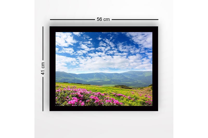 Kehystetty puutaulu canvasille - 41x56 cm - Kukkiva niitty vaaleanpunaisilla kukilla ja kaukaisilla vuorilla taustalla - Vaaleanpunainen / Vihreä / Sininen - Sisustustuotteet - Taulu & taide