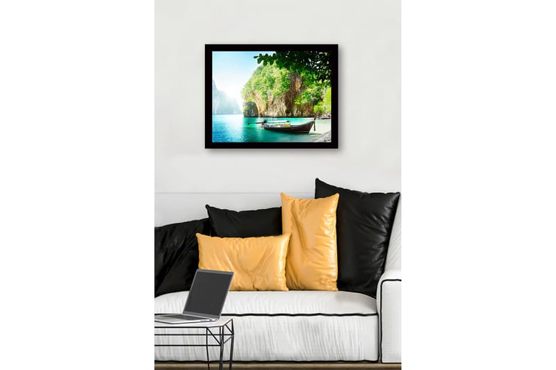 Kehystetty puutaulu canvasille - 41x56 cm - Tyynenmeren maisema perinteisellä veneellä kallioisella rannalla - Turkoosi / Vihreä / Ruskea - Sisustustuotteet - Taulu & taide