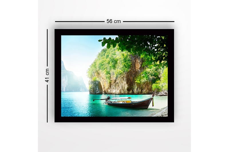 Kehystetty puutaulu canvasille - 41x56 cm - Tyynenmeren maisema perinteisellä veneellä kallioisella rannalla - Turkoosi / Vihreä / Ruskea - Sisustustuotteet - Taulu & taide