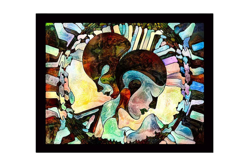 Kehystetty puucanvas - 41x56 cm - Abstrakti sommitelma kahdesta kasvotuksesta yhdessä, Tummanruskea / Vaaleansininen / Beige