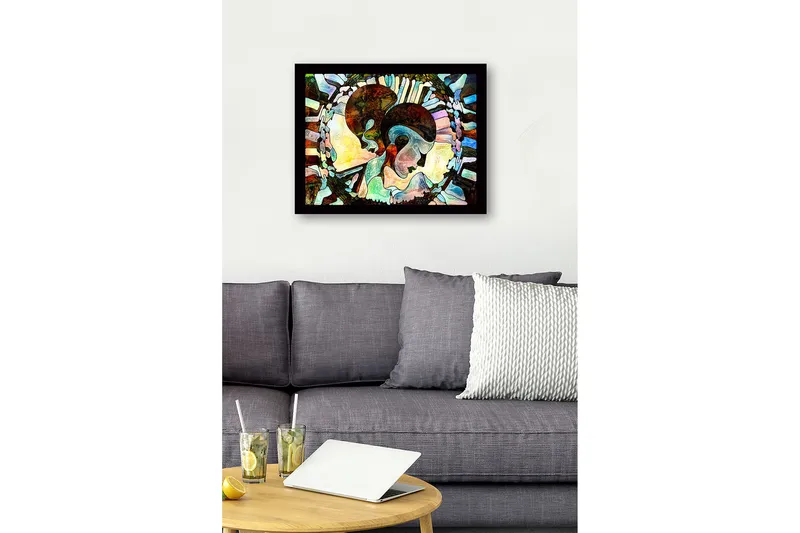 Kehystetty puucanvas - 41x56 cm - Abstrakti sommitelma kahdesta kasvotuksesta yhdessä - Tummanruskea / Vaaleansininen / Beige - Sisustustuotteet - Taulu & taide