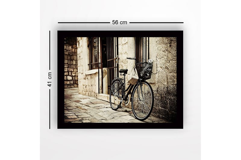 Kehystetty puukangas - 41x56 cm - Polkupyörä nojaa vanhaa kivimuuria vasten - Musta / Beige / Harmaa - Sisustustuotteet - Taulu & taide