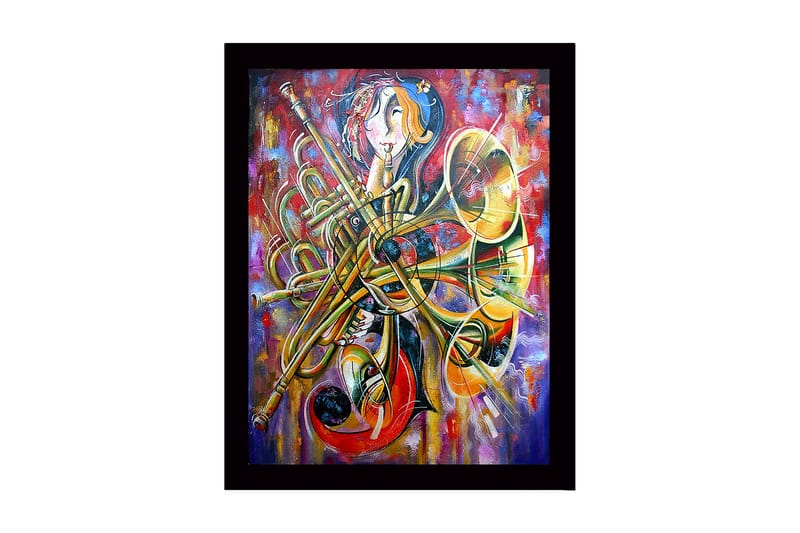 Kehystetty puukangas - 41x56 cm - Musiikillinen ilmaisu soittimilla ja abstrakteilla muodoilla, Kulta / Punainen / Sininen