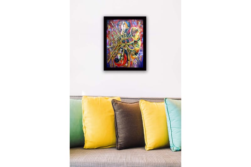 Kehystetty puukangas - 41x56 cm - Musiikillinen ilmaisu soittimilla ja abstrakteilla muodoilla - Kulta / Punainen / Sininen - Sisustustuotteet - Taulu & taide