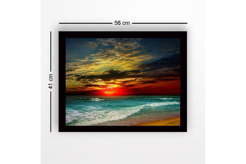 Kehystetty puutaulu canvasille - 41x56 cm - Kaunis auringonlasku meren yllä dramaattisilla pilvimuodostelmilla - Tummanpunainen / Turkoosi / Kultainen - Sisustustuotteet - Taulu & taide