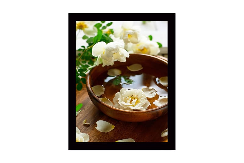 Kehystetty puutaulu canvasille - 41x56 cm - Kaunis kulho kelluvilla kukilla ja terälehdillä, Valkoinen / Vihreä / Ruskea