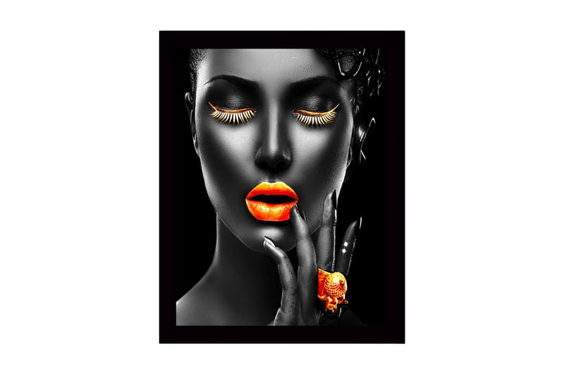 Kehystetty puutaulu canvasille - 41x56 cm - Muotokuva naisesta, jolla on vahvat värit huulilla ja ripsissä, Oranssi / Musta