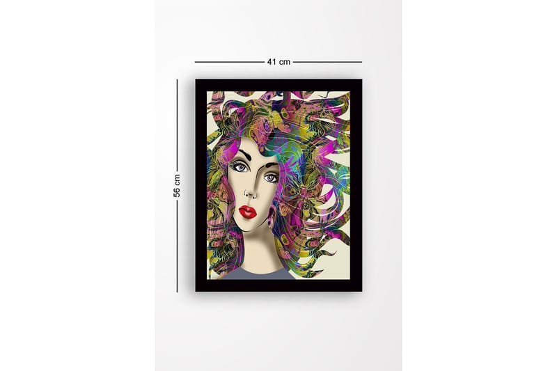 Kehystetty puinen canvas-taulu - 41x56 cm - Muotokuva naisesta, jolla on värikkäät, hulmuavat hiukset - Violetti / Vihreä / Vaaleanpunainen - Sisustustuotteet - Taulu & taide