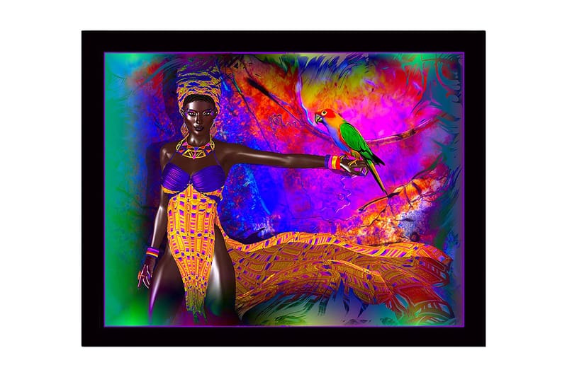 Kehystetty puucanvas - 41x56 cm - Värikäs nainen papukaijan kanssa eloisassa ympäristössä, Violetti / Keltainen / Vihreä