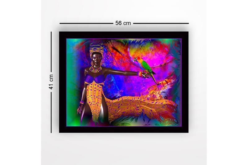 Kehystetty puucanvas - 41x56 cm - Värikäs nainen papukaijan kanssa eloisassa ympäristössä - Violetti / Keltainen / Vihreä - Sisustustuotteet - Taulu & taide