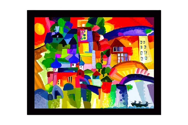 Kehystetty puutaulu canvasille - 41x56 cm - Värikäs kaupunkisiluetti kupoleilla ja rakennuksilla, Punainen / Vihreä / Sininen