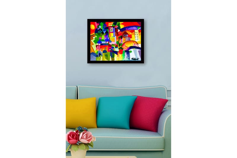 Kehystetty puutaulu canvasille - 41x56 cm - Värikäs kaupunkisiluetti kupoleilla ja rakennuksilla - Punainen / Vihreä / Sininen - Sisustustuotteet - Taulu & taide