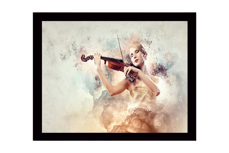 Kehystetty puinen canvas-taulu - 41x56 cm - Elegantti nainen soittaa viulua unenomaisten pilvien ympäröimänä, Vaaleanbeige / Pehmeä pinkki / Kulta