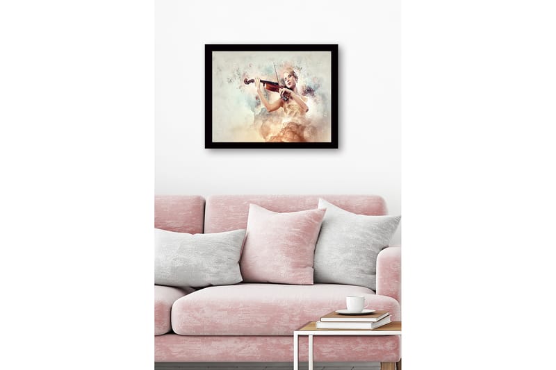 Kehystetty puinen canvas-taulu - 41x56 cm - Elegantti nainen soittaa viulua unenomaisten pilvien ympäröimänä - Vaaleanbeige / Pehmeä pinkki / Kulta - Sisustustuotteet - Taulu & taide