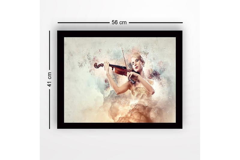 Kehystetty puinen canvas-taulu - 41x56 cm - Elegantti nainen soittaa viulua unenomaisten pilvien ympäröimänä - Vaaleanbeige / Pehmeä pinkki / Kulta - Sisustustuotteet - Taulu & taide