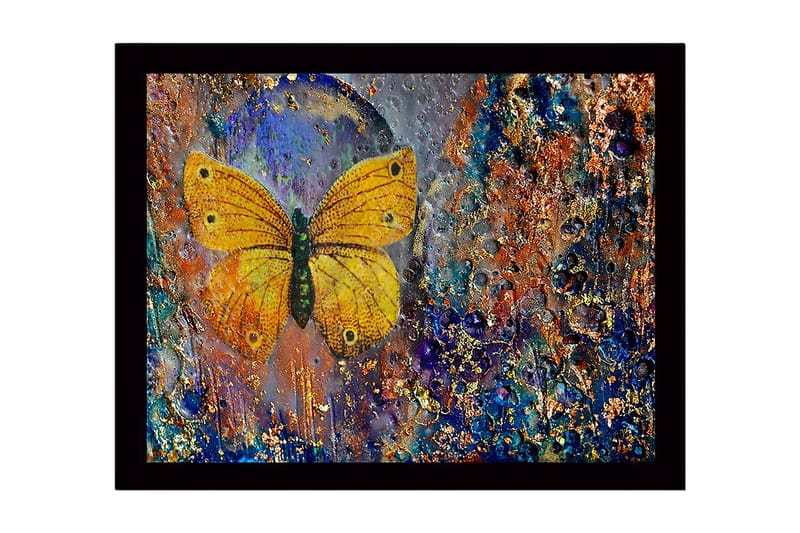 Kehystetty puupohjainen canvas - 41x56 cm - Värikäs perhonen yksityiskohtaisella tekstuurilla taustalla, Kulta / Sininen / Oranssi