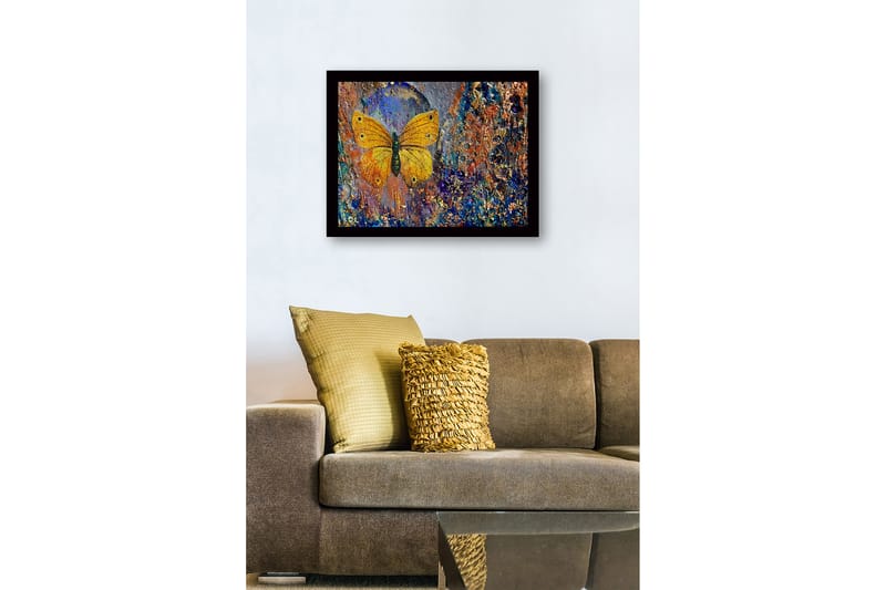 Kehystetty puupohjainen canvas - 41x56 cm - Värikäs perhonen yksityiskohtaisella tekstuurilla taustalla - Kulta / Sininen / Oranssi - Sisustustuotteet - Taulu & taide
