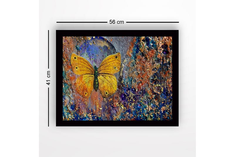 Kehystetty puupohjainen canvas - 41x56 cm - Värikäs perhonen yksityiskohtaisella tekstuurilla taustalla - Kulta / Sininen / Oranssi - Sisustustuotteet - Taulu & taide