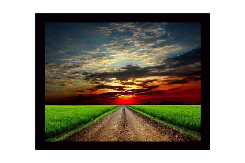 Kehystetty puinen canvas-taulu - 41x56 cm - Kaunis maisema ja tie kohti auringonlaskua, Vihreä / Oranssi / Sininen