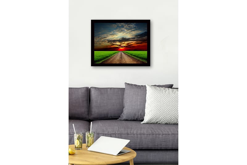 Kehystetty puinen canvas-taulu - 41x56 cm - Kaunis maisema ja tie kohti auringonlaskua - Vihreä / Oranssi / Sininen - Sisustustuotteet - Taulu & taide