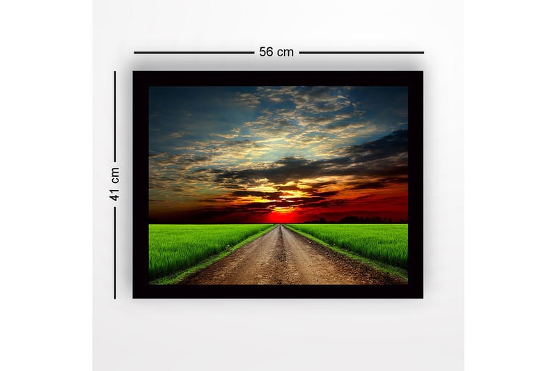 Kehystetty puinen canvas-taulu - 41x56 cm - Kaunis maisema ja tie kohti auringonlaskua - Vihreä / Oranssi / Sininen - Sisustustuotteet - Taulu & taide