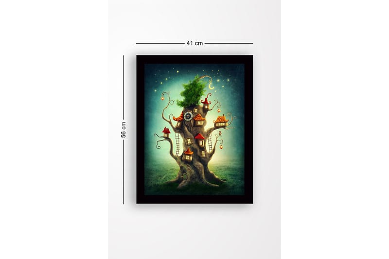 Kehystetty puutaulu canvasille - 41x56 cm - Mielikuvituksellinen puu pienine taloineen ja rehevine latvuksineen - Vihreä / Ruskea / Punainen - Sisustustuotteet - Taulu & taide