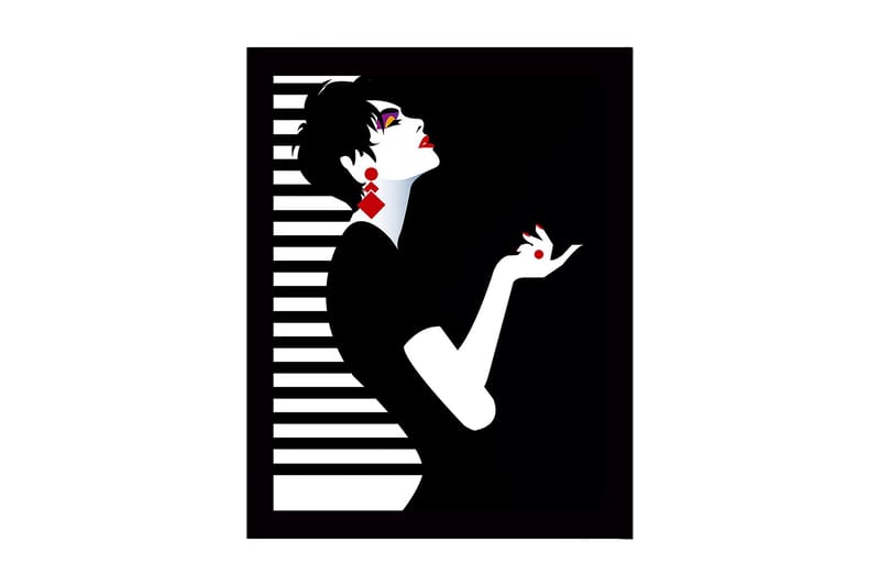 Kehystetty puutaulu canvasille - 41x56 cm - Elegantti siluetti naisesta dramaattisessa asennossa, Musta / Valkoinen / Punainen