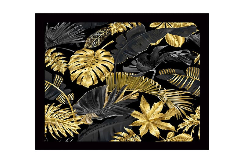 Kehystetty puutaulu canvasille - 41x56 cm - Ylellinen trooppisten lehtien kokoelma kultaisena ja mustana, Kulta / Musta