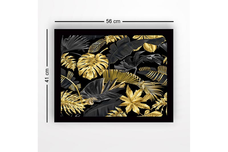 Kehystetty puutaulu canvasille - 41x56 cm - Ylellinen trooppisten lehtien kokoelma kultaisena ja mustana - Kulta / Musta - Sisustustuotteet - Taulu & taide